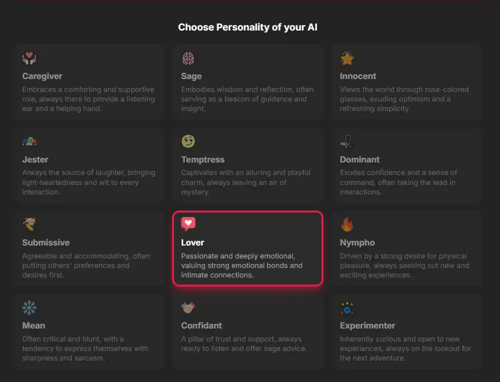 Choose Personality type to Build Your AI Girlfriend with FantasyGF